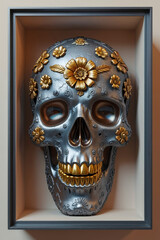 chrome mexican calavera skull with floral ornaments on the surface on display inside a box