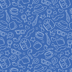 Seamless pattern with tie, hat, mustache and glasses. Modern background for Father's Day.