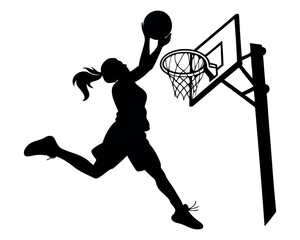silhouette of a female basketball player jumping to make a slam dunk against the hoop, dynamic action pose depicting sports energy, athleticism, and competitive spirit