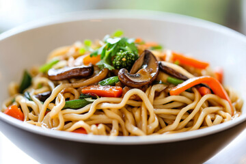 Enjoy a flavorful noodle dish featuring vegetables and mushrooms served steaming hot in a white bowl, an ideal breakfast choice at a cozy cafe