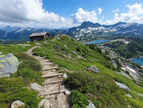 Five adults hiking in alpine meadow on mountaintop during daytime
