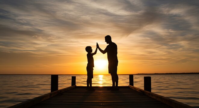 Father and son silhouette enjoying sunset and high five gesture on a wooden dock - Powered by Adobe