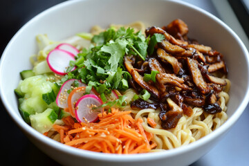A bowl filled with soft noodles topped with mushrooms, cucumbers, radishes, and vibrant herbs creates a flavorful breakfast experience at home