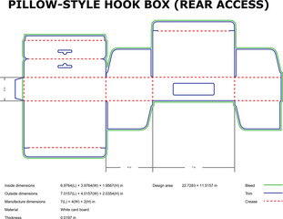Flat plan template design of a pillow style hook box packaging with dimensions shown.