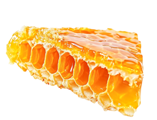 Honeycomb piece with golden honey isolated on transparent background