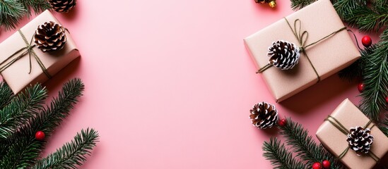 Pink background, Christmas gifts, pine cones, branches. Festive design