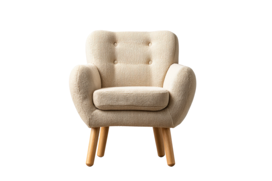 PNG Beige tufted armchair with wooden legs on white background - Powered by Adobe