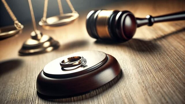 Gavel, Scales of Justice and Wedding Rings Symbolizing Divorce Ruling
