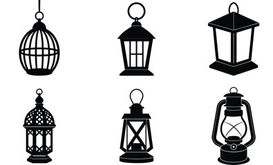 Stylish Lantern Table Lamp Silhouette Vector Set – Decorative Ambient Lighting Icons, Classic and Contemporary Indoor Lamp Designs for Home and Workspace Decor