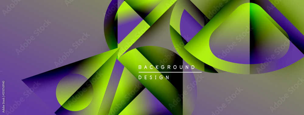 Poster Abstract design features vibrant green, purple gradients. Fluid shapes overlap creating dynamic visual effect. Modern background texture.