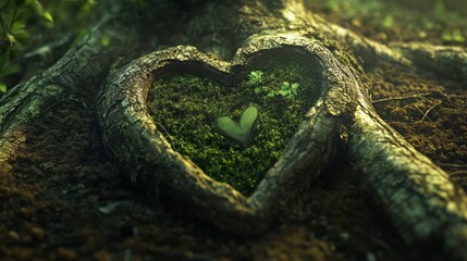Minimal concept of a green , love heart in nature, made from a tree trunk. park background. 