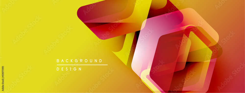 Poster Abstract geometric shapes overlap yellow background. Vibrant colors create modern design, suitable banner or presentation.