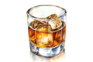 Watercolor painting of whiskey on the rocks
