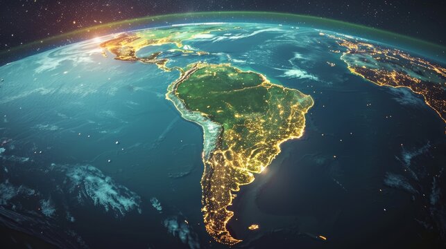 Stunning sunrise over south america from space  a glimpse of eco tourism amidst urban lights