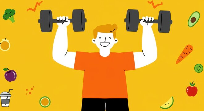 A smiling young man lifts dumbbells while surrounded by colorful representations of healthy foods