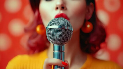 Glamorous woman singing into a retro microphone, illuminated by warm studio lights in a pop-art inspired setup - Powered by Adobe