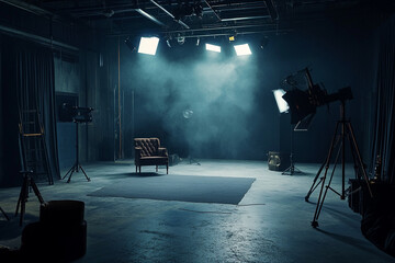 Dark studio with product under stage lighting