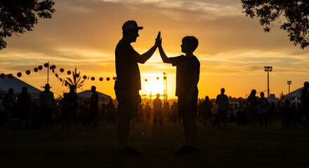 Silhouette of father and son giving high five at a festival sunset outdoors
