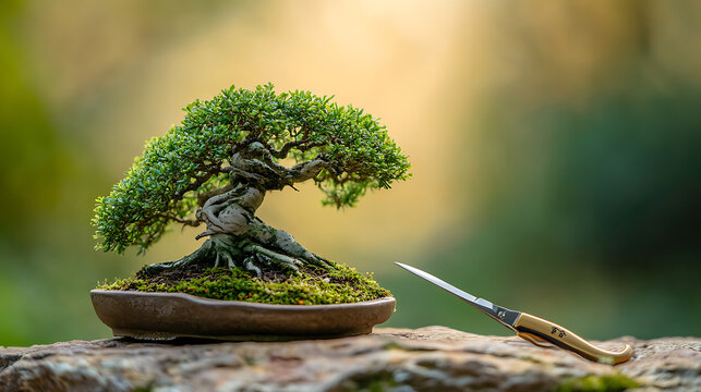 Bonsai Tree with Pruning Shears on a Rock, Set Against a Softly Blurred Natural Background