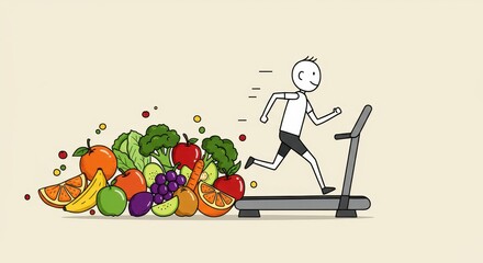 Fototapeta premium A stick figure runs on a treadmill amidst colorful fruits and veggies, promoting wellness