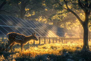 Deer grazing peacefully near solar panel installations in a forest clearing