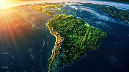 Breathtaking sunrise over south america  forests and city lights illuminate earth from space