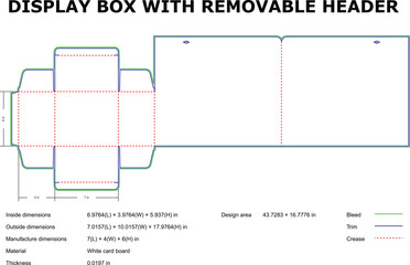 Display box template design for retail packaging with removable header and dimension measurements