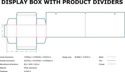 Detailed display box template with product dividers design and dimensional information