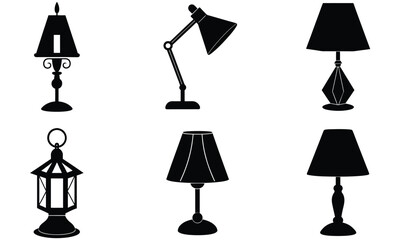 Table Lamp Silhouette Vector Set – Classic and Modern Indoor Lighting Icons, Decorative Bedside and Desk Light Designs for Home, Office, and Interior Projects