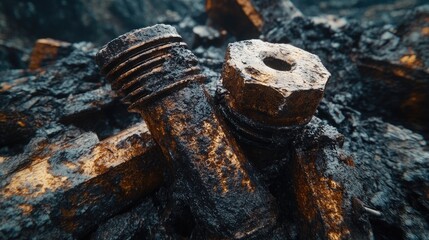 Close-up view of rusted metal parts amidst dark debris.