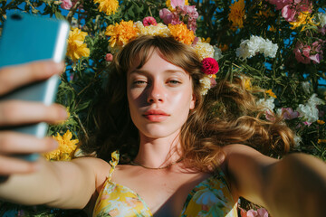 A young woman takes a selfie surrounded by beautiful flowers, enjoying a sunny summer day. Her flower crown and radiant smile capture the essence of carefree joy and natural beauty.