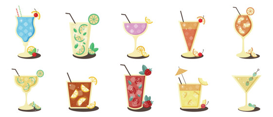 Collection of icons with alcoholic cocktails with no background.Cosmopolitan,Mojito,Mai Tai, Blue Lagoon, Tequila Sunrise, Dirty Martini, Aperol, Negroni, Margarita.Beverage set. Vector illustration. 