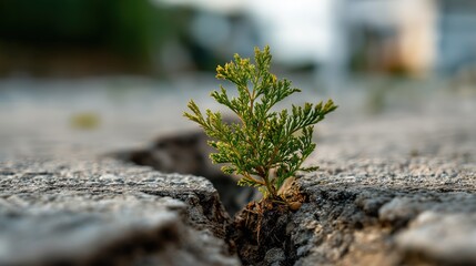 Resilient Green Plant Growing Through Cracked Concrete Road in Sunlight