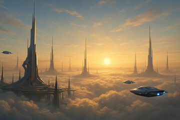 Futuristic cityscape with towering spires above the clouds, illuminated by a golden sunset, featuring flying vehicles in a serene and otherworldly atmosphere.