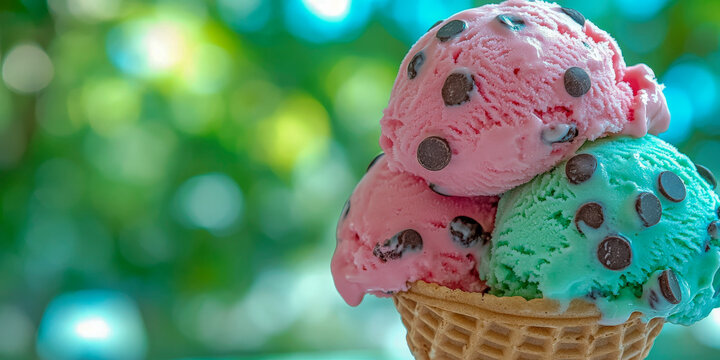 Delicious double scoop strawberry and mint ice cream cone perfect for summer dessert photography and food marketing campaigns