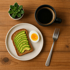 Flatlay of a healthy breakfast with avocado toast, soft-boiled egg, black coffee, wooden background