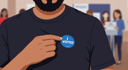 Person points to 'I Voted' sticker while in a polling station surrounded by others participating