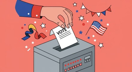 A hand votes in a ballot box, surrounded by festive symbols of democracy