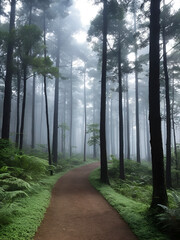 Obraz premium Claro de bosque brumoso con suave pendiente y sendero