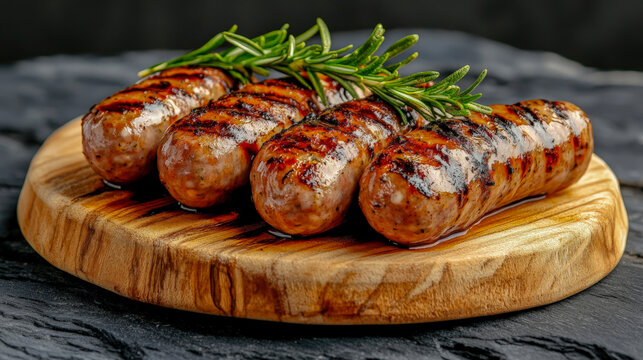 Delicious gourmet grilled sausages served on rustic wooden board garnished with fresh rosemary herbs ideal for barbecue parties food blogs recipe tutorials and culinary photography inspiration