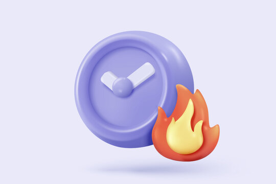 3D alarm clock icon signs with fire flame burning red hot colours. sparkle fire buttons simplicity for urgency notice reminder. 3d hour announce with exploding icon for time vector render illustration