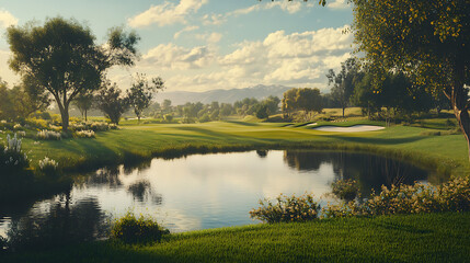 Fototapeta premium Serene Golf Course with Lush Greenery and Reflective Pond