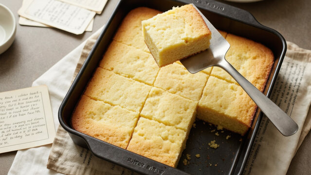Butter cake in a black pan, square piece lifted on a metal spatula