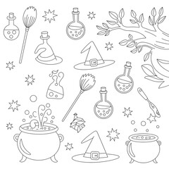 Hand drawn vector illustration of halloween witch elements perfect for coloring pages and invitations