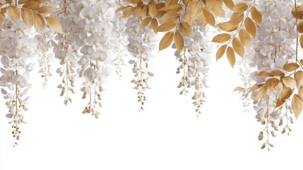 Floral cascade of wisteria with golden leaves for wedding invitations and greeting cards, product mockups.