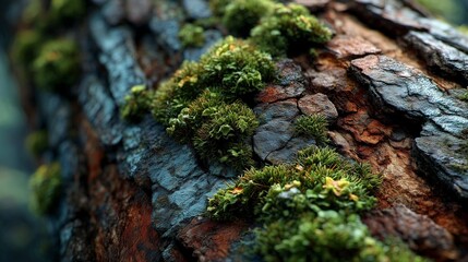 Moss growing on textured tree bark in forest macro view