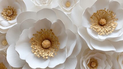Elegant paper flowers with golden centers for decoration and crafts use cases