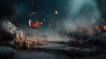 Small Plant Growing in Soil with Magical Bokeh Lights