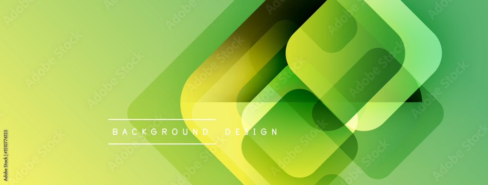 Poster Abstract geometric design. Overlapping rounded squares create dynamic visual effect. Gradient shades of yellow, green dominate composition. Modern background texture.