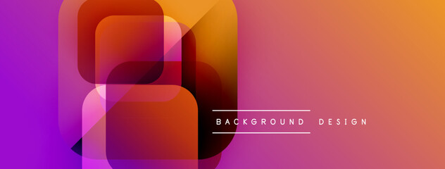 Abstract geometric shapes overlap, creating vibrant gradient effect. Purple, orange hues dominate design. Modern, stylish background.